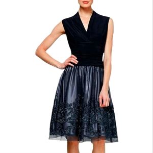 SLNY Women's Navy V-neck Embroidered Lace  Sleeveless Formal Dress Size: 8